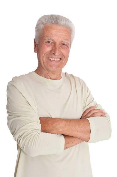 Portrait Smiling Senior Man Crossed Arms Posing Isolated White Background — Stock Photo, Image