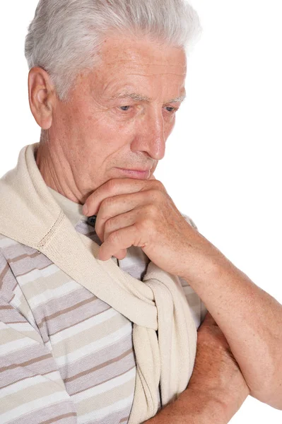 Portrait Thoughtful Senior Man Isolated White Background — Stock Photo, Image