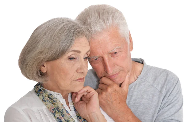 Portret Van Triest Senior Paar Geïsoleerd Witte Achtergrond — Stockfoto