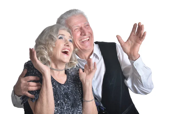 Retrato Feliz Pareja Mayor Abrazándose Aislado Sobre Fondo Blanco — Foto de Stock