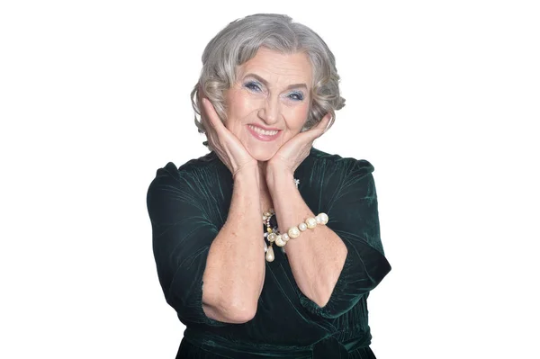 Portret Van Gelukkige Senior Vrouw Poseren Tegen Witte Achtergrond — Stockfoto