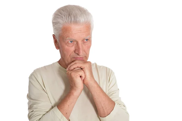 Thoughtful Senior Man Holding Hands Chin Isolated White Background — Stock Photo, Image