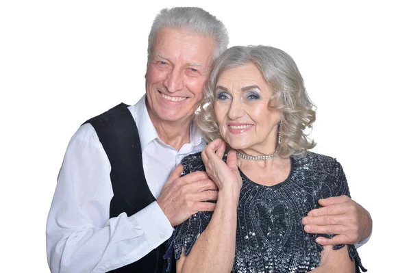 Портрет Счастливой Пожилой Пары Обнимающей Белом Фоне — стоковое фото