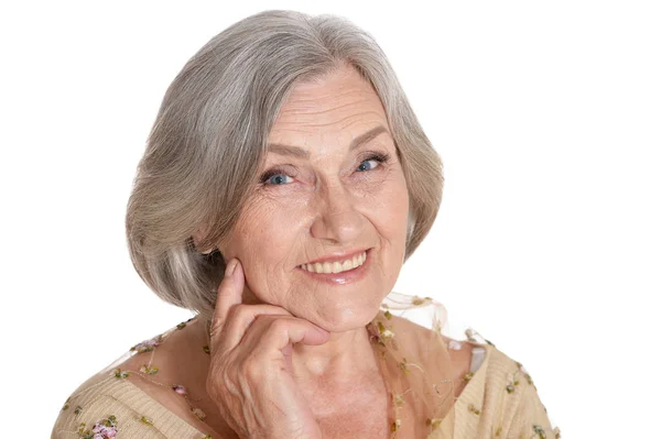 Портрет Щасливої Старшої Жінки Позує Білому Тлі — стокове фото