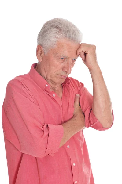 Retrato Homem Idoso Triste Com Dor Cabeça Isolada Fundo Branco — Fotografia de Stock