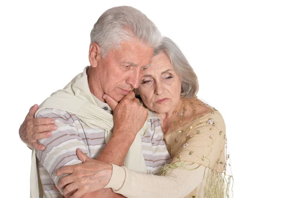 Portret Van Triest Senior Paar Geïsoleerd Witte Achtergrond — Stockfoto