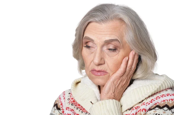 Portrait Femme Âgée Triste Isolé Sur Fond Blanc — Photo