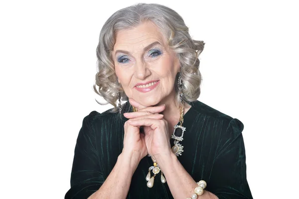 Portrét Šťastné Starší Ženy Pózové Bílém Pozadí — Stock fotografie