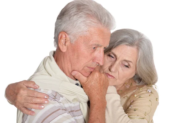 Portret Van Triest Senior Paar Geïsoleerd Witte Achtergrond — Stockfoto