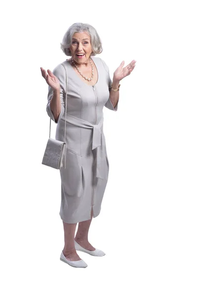 Портрет Красивой Удивленной Пожилой Женщины Белом Фоне — стоковое фото