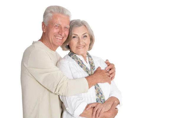 Portret Van Gelukkige Senior Paar Poseren Geïsoleerd Witte Achtergrond — Stockfoto