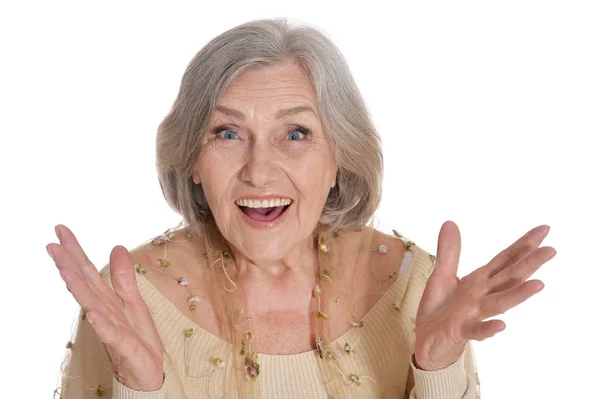 Ritratto Donna Anziana Sorpresa Che Posa Isolata Sfondo Bianco — Foto Stock