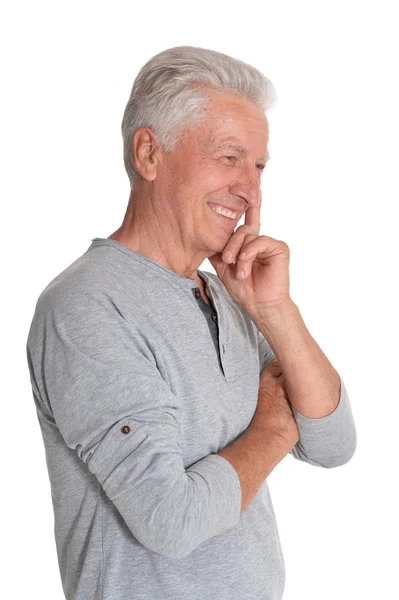 Portrait Aîné Souriant Isolé Sur Fond Blanc — Photo