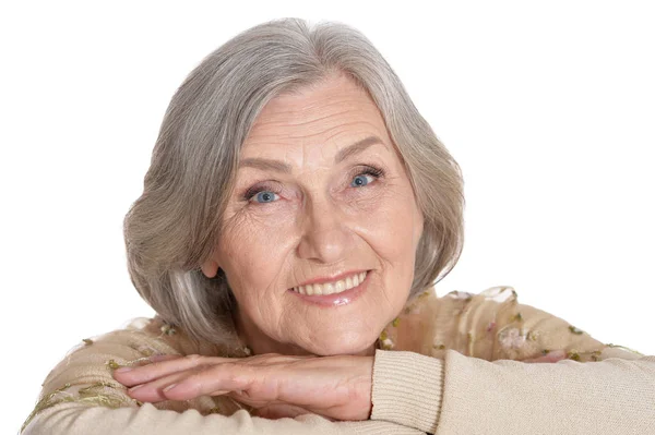 Portrét Šťastné Starší Ženy Pózové Bílém Pozadí — Stock fotografie