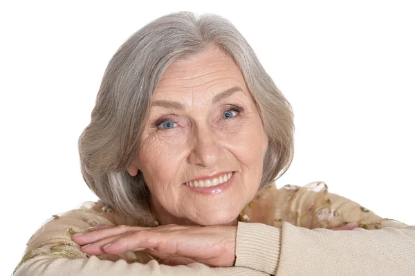 Porträt Einer Glücklichen Seniorin Die Vor Weißem Hintergrund Posiert — Stockfoto