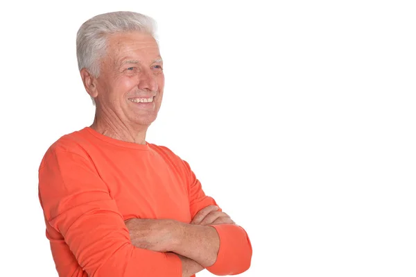 Portret Van Glimlachen Senior Man Geïsoleerd Witte Achtergrond — Stockfoto