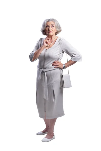 Portret Van Mooie Trieste Senior Vrouw Tegen Witte Achtergrond — Stockfoto