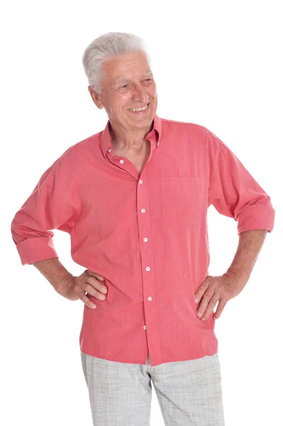 Smiling Senior Man Wearing Pink Shirt Holding Hands Hips Isolated — Stock Photo, Image