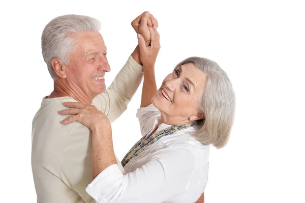 Retrato Feliz Casal Sênior Dançando Isolado Fundo Branco — Fotografia de Stock