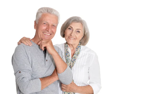 Retrato Pareja Mayor Feliz Posando Aislada Sobre Fondo Blanco — Foto de Stock