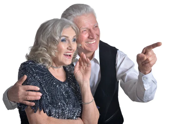 Portrait Happy Surprised Senior Couple Isolated White Background — Stock Photo, Image