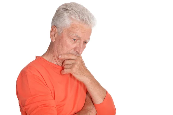 Pensativo Homem Sênior Posando Isolado Fundo Branco — Fotografia de Stock