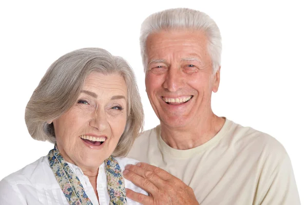 Porträtt Happy Senior Par Poserar Isolerad Vit Bakgrund — Stockfoto
