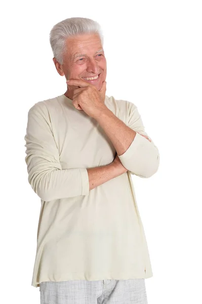Ritratto Uomo Anziano Sorridente Isolato Sfondo Bianco — Foto Stock