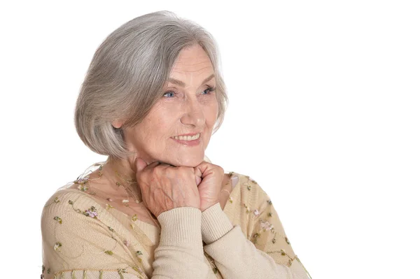 Porträt Einer Glücklichen Seniorin Die Vor Weißem Hintergrund Posiert — Stockfoto