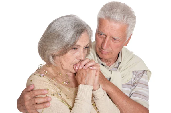 Portret Van Triest Senior Paar Geïsoleerd Witte Achtergrond — Stockfoto