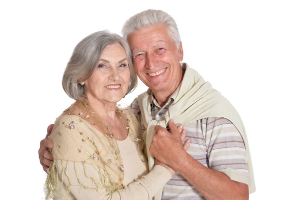 Portret Van Gelukkige Senior Paar Houden Handen Geïsoleerd Witte Achtergrond — Stockfoto