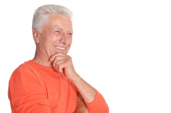 Portret Van Glimlachen Senior Man Geïsoleerd Witte Achtergrond — Stockfoto