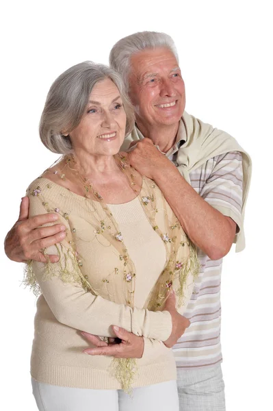 Retrato Feliz Casal Sênior Abraçando Isolado Fundo Branco — Fotografia de Stock