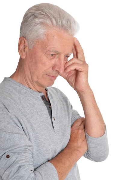 Portret Van Senior Man Denken Geïsoleerd Witte Achtergrond — Stockfoto