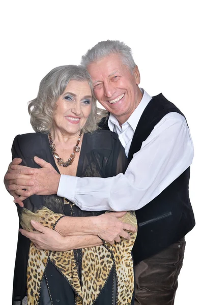 Portrait Happy Senior Couple Hugging Isolated White Background — Stock Photo, Image