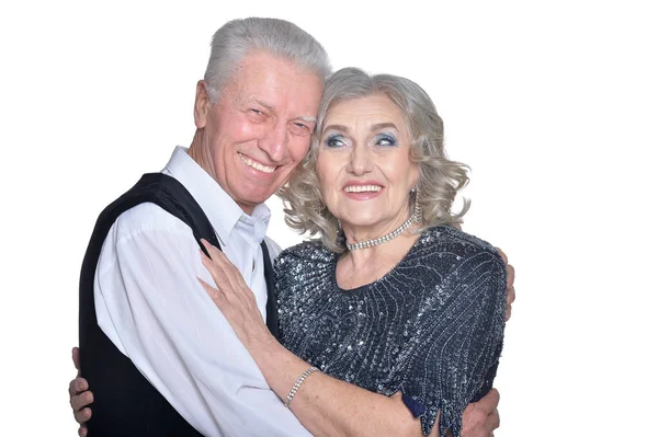 白い背景に孤立した幸せなシニアカップルの肖像画 — ストック写真