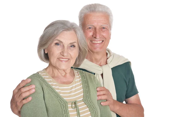 Beyaz Arka Plan Üzerinde Izole Kucaklayan Mutlu Yaşlı Çift Portresi — Stok fotoğraf