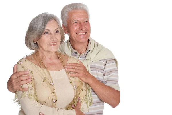 Portrait Heureux Couple Personnes Âgées Étreignant Isolé Sur Fond Blanc — Photo