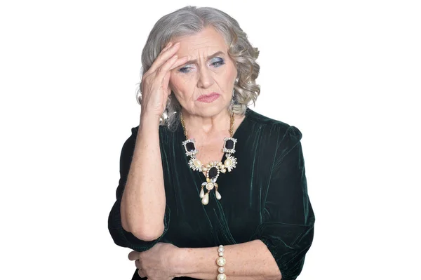 Portrait Sad Senior Woman Wearing Black Blouse Isolated White Background — Stock Photo, Image