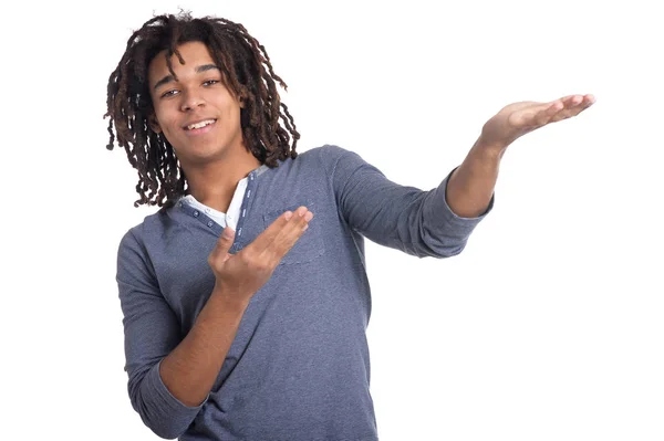 Portrait Teenage Boy Showing Something Isolated White Background — Stock Photo, Image