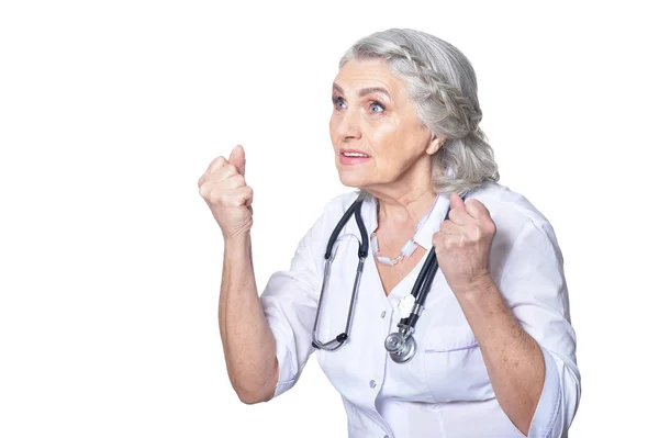 Starší Ženský Lékař Pěstmi Bílém Pozadí — Stock fotografie