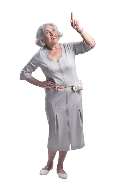 Portrait Beautiful Senior Woman Showing Something White Background — Stock Photo, Image