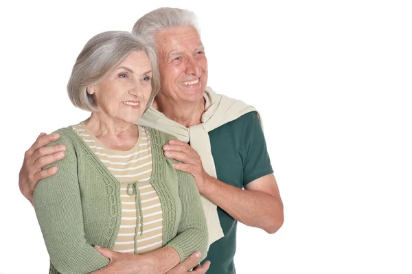 Retrato Casal Sênior Feliz Abraçando Isolado Fundo Branco — Fotografia de Stock