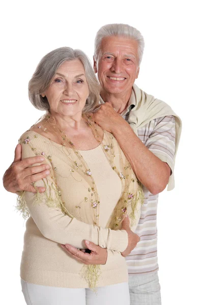 Portrait Heureux Couple Personnes Âgées Étreignant Isolé Sur Fond Blanc — Photo