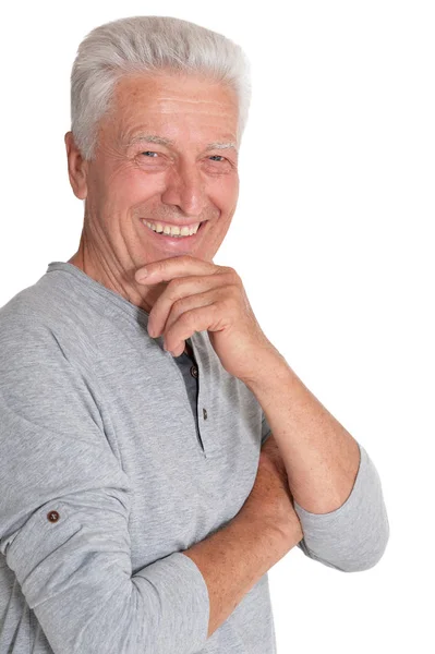 Portrait Aîné Souriant Isolé Sur Fond Blanc — Photo