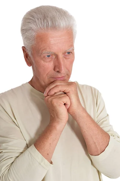 Nachdenklicher Älterer Mann Mit Händen Kinn Isoliert Auf Weißem Hintergrund — Stockfoto