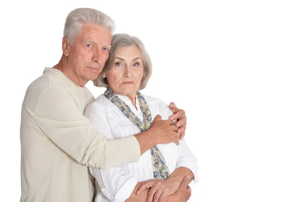 Portret Van Triest Senior Paar Geïsoleerd Witte Achtergrond — Stockfoto