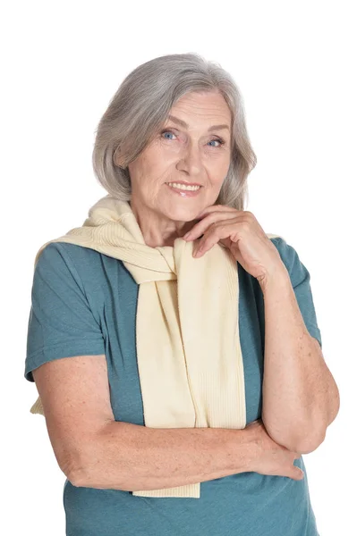 Porträtt Vackra Senior Kvinna Poserar Mot Vit Bakgrund — Stockfoto