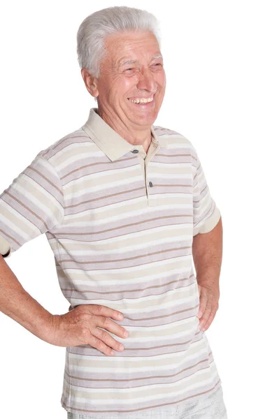 Portrait Senior Man Holding Hands Hips Isolated White Background — Stock Photo, Image