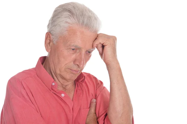 Retrato Homem Idoso Triste Com Dor Cabeça Isolada Fundo Branco — Fotografia de Stock